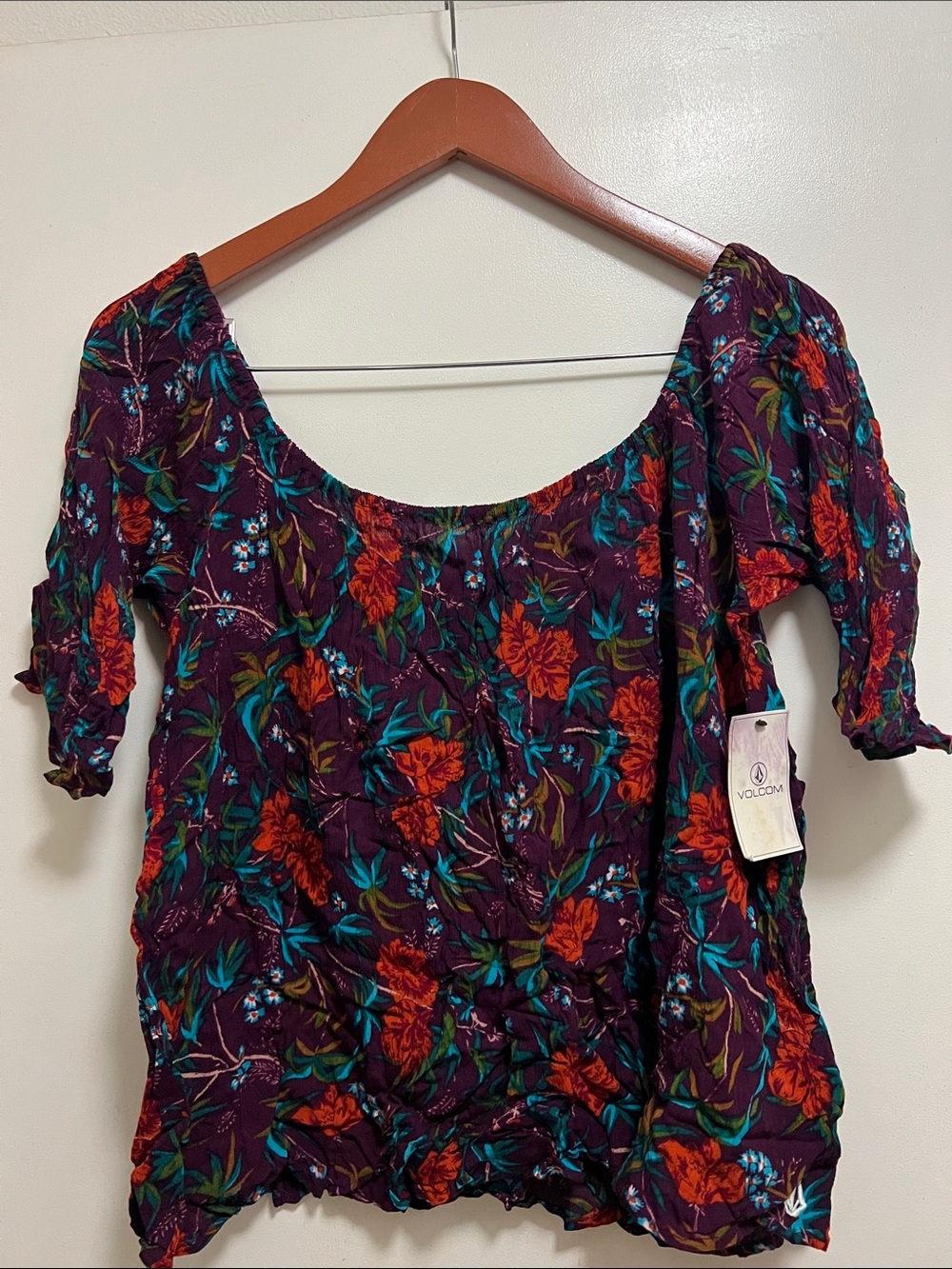 Volcom Purple Floral Off-Shoulder Blouse with Red & Teal Accents